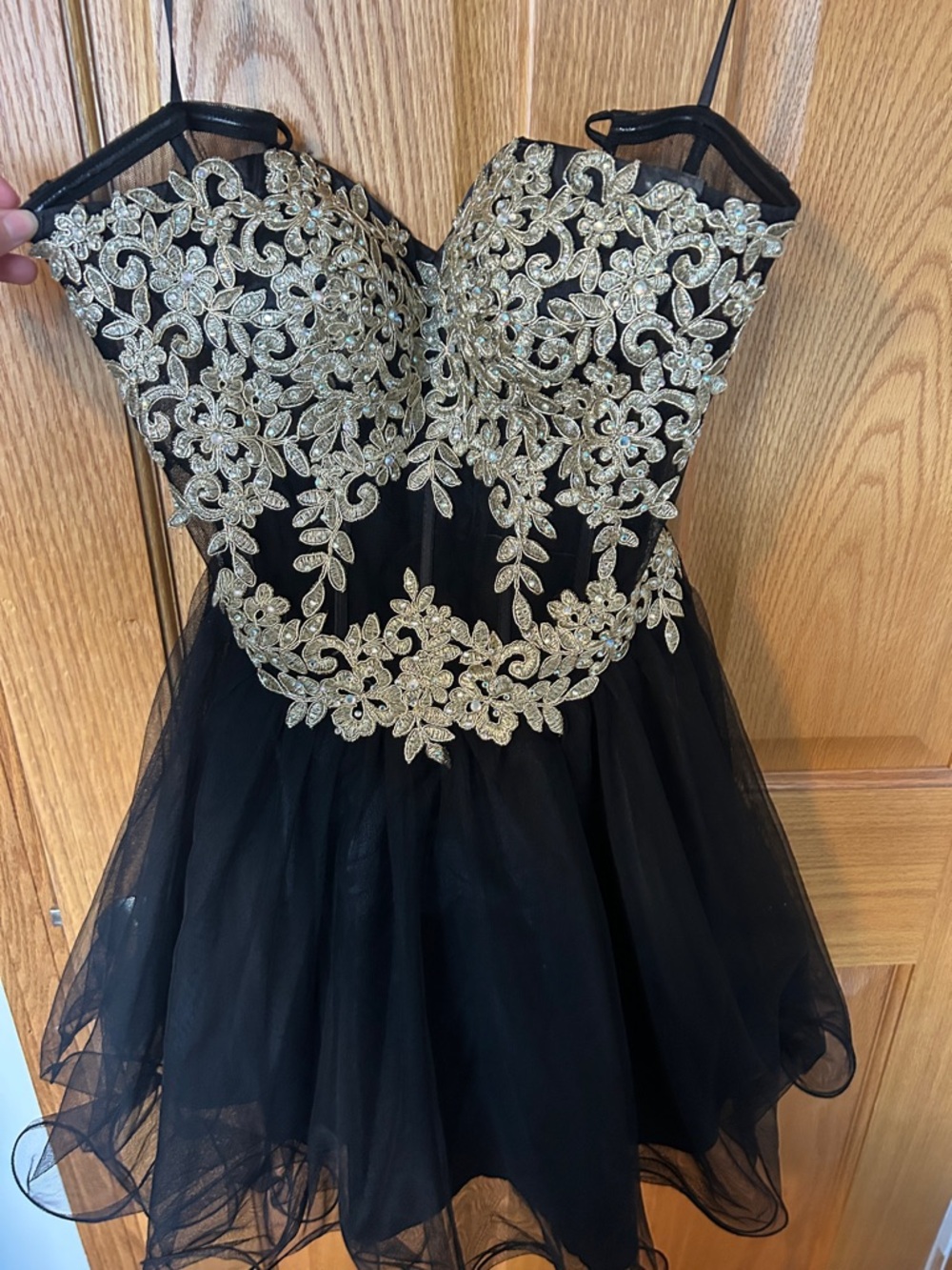 Black Tulle Cocktail Dress with Gold Floral Embellishment